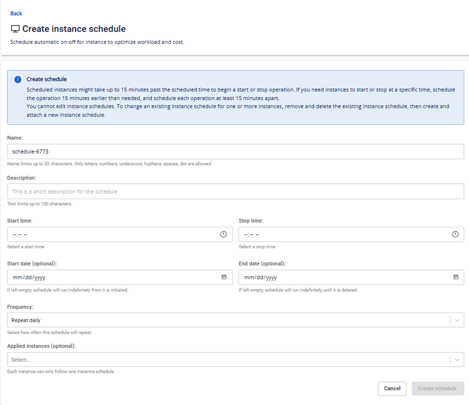 Instance schedule作成フォーム