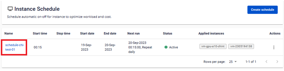 Instance schedule一覧
