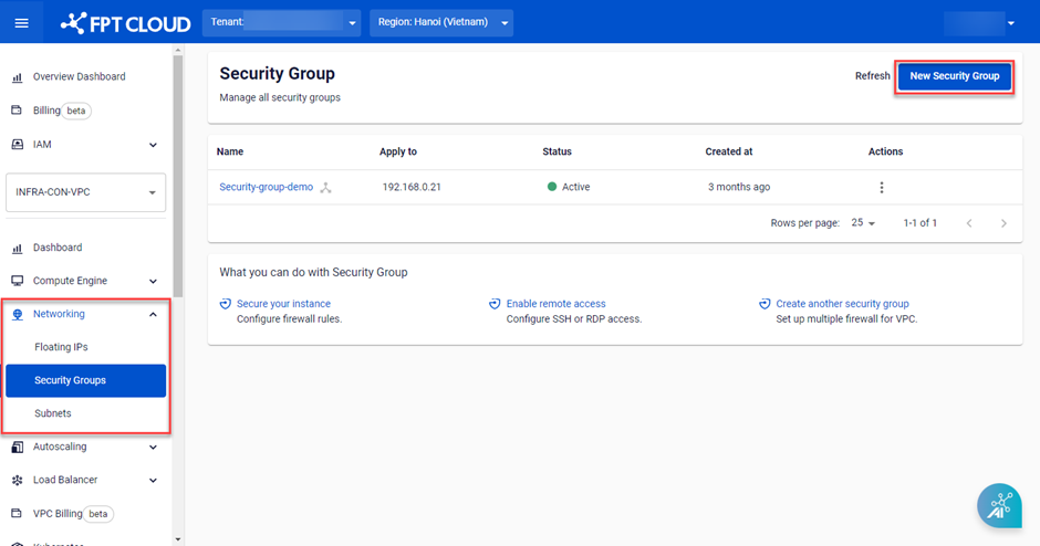 New Security GroupボタンがあるSecurity Group画面