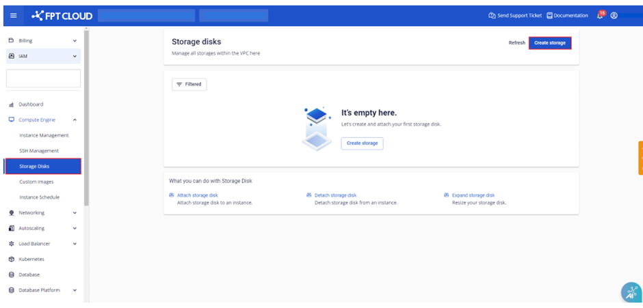 Create Storage ボタンがある Storage Disk 画面