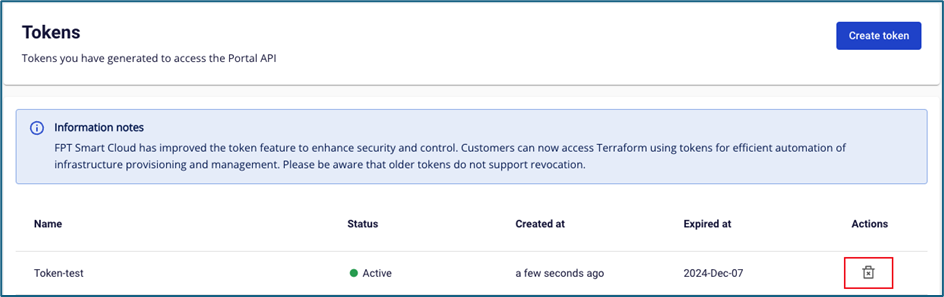 アクション列にRevokeボタンが表示されたToken一覧