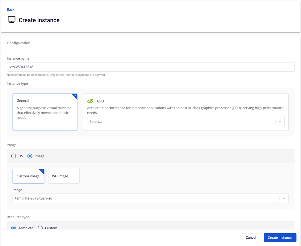 TemplateからのCreate Instanceダイアログ