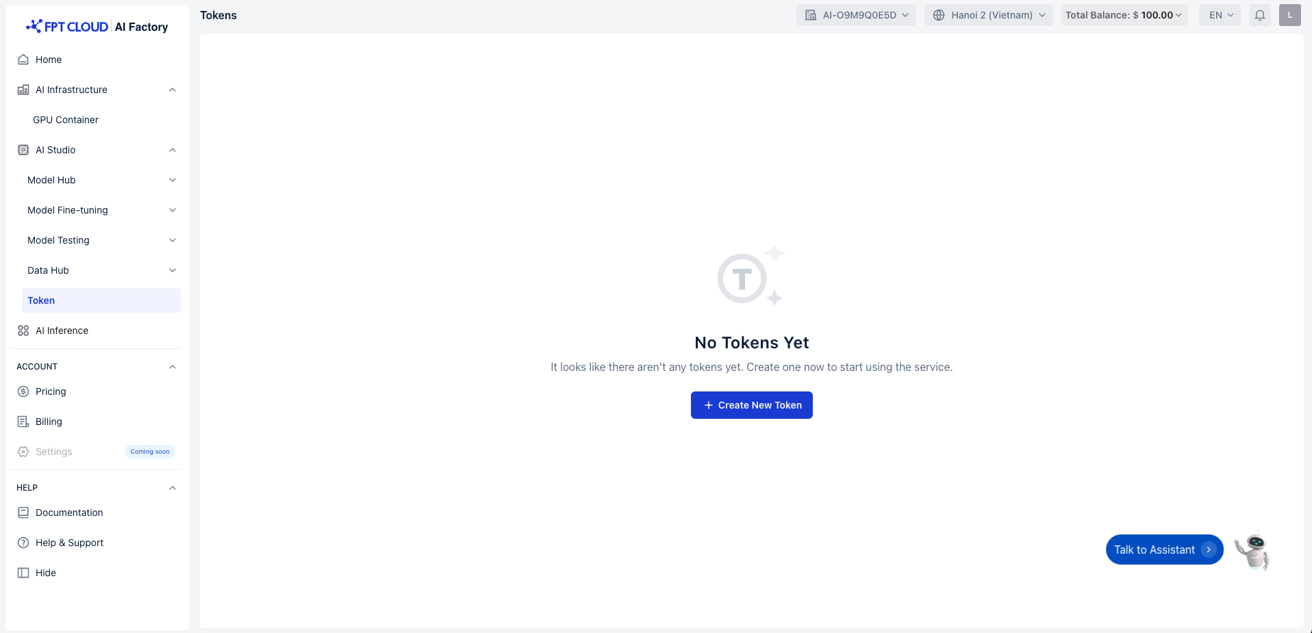 「Create New Token」ボタンが強調表示されたトークン一覧ページ