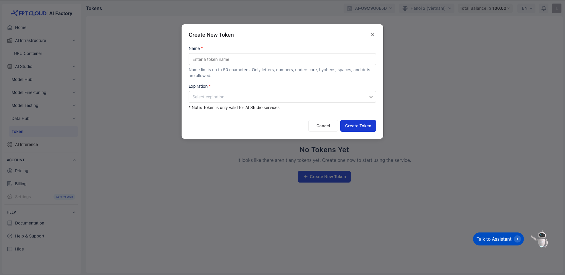 名前と有効期限フィールドを表示する「Create New Token」ポップアップ