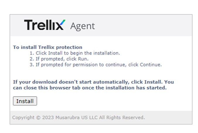 Windows 上の Trellix agent インストールページ