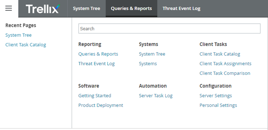 Trellix インターフェースの Queries &amp; Reports ページ