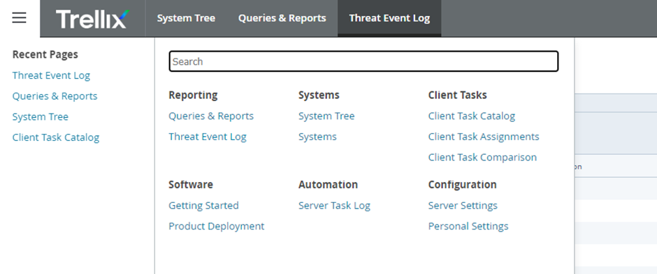Trellix 管理コンソールの Threat Event Log ページ