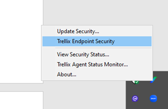 Windows タスクバーの Trellix ENS 右クリックメニュー