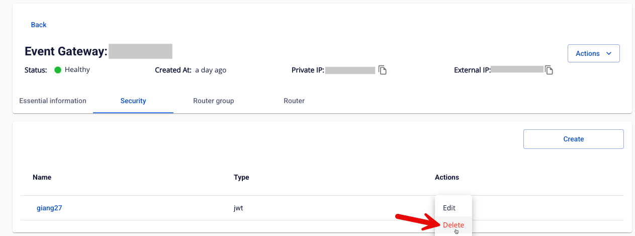 Actionメニューが開いたSecurityリスト