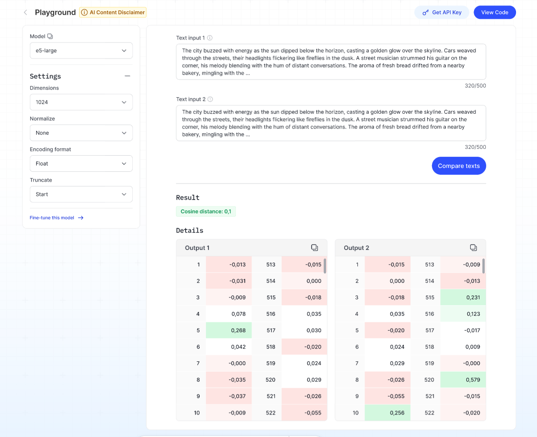 入力タイプとエンコーディング形式のドロップダウンが表示された Embedding Playground 画面