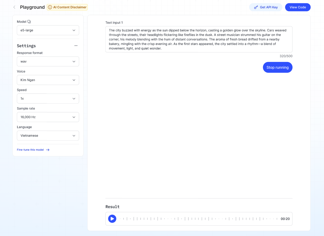 音声・速度・言語のドロップダウンが表示された TTS Playground 画面