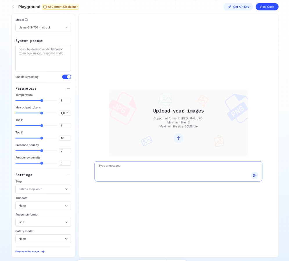 画像アップロードと質問入力が表示された VLM Playground 画面