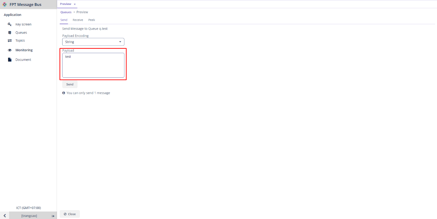 メッセージ内容を入力する Payload フィールドを含む Send タブ