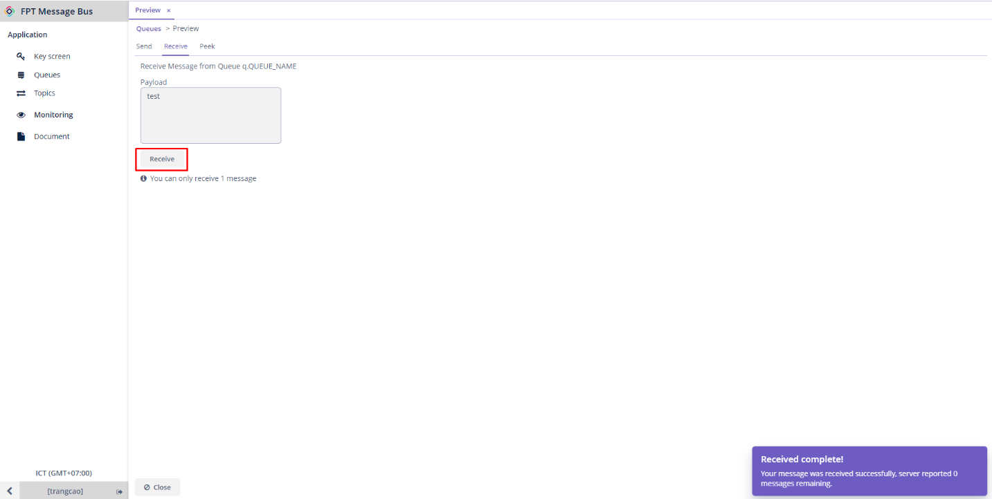 queue からメッセージを取得する Receive ボタンを含む Receive タブ