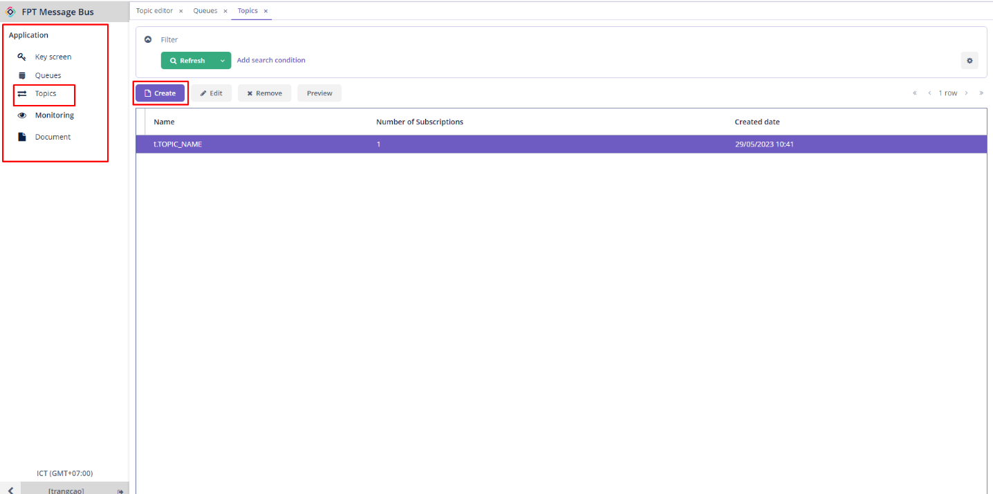 Create ボタンが表示された topic 一覧画面