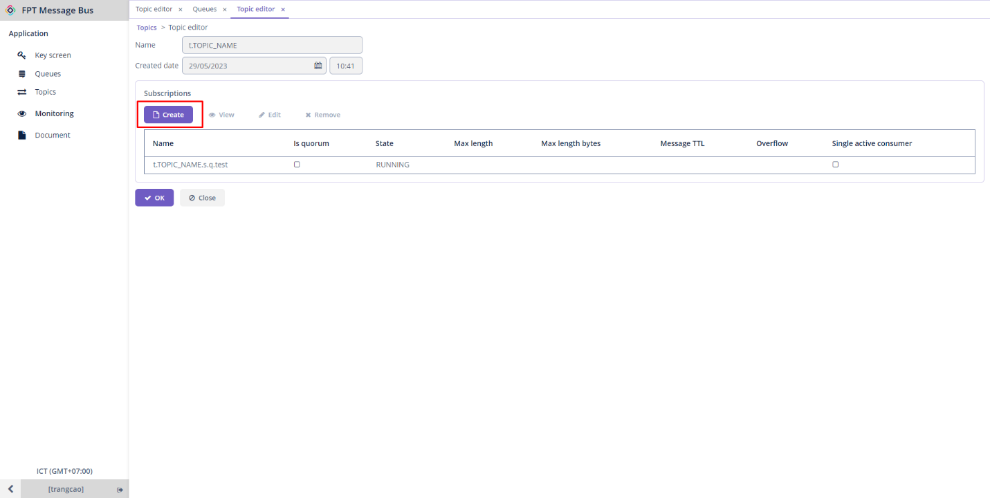 Subscriptions セクションに Create ボタンがある Edit topic 画面