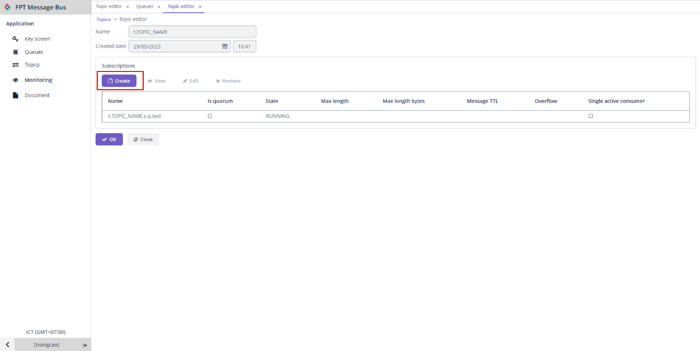 Subscriptions セクションに Create ボタンがある Edit topic 画面