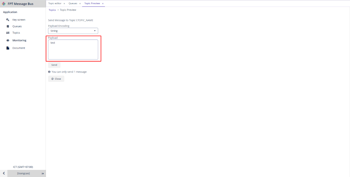 publish するメッセージを入力する Payload フィールドを含む Send タブ