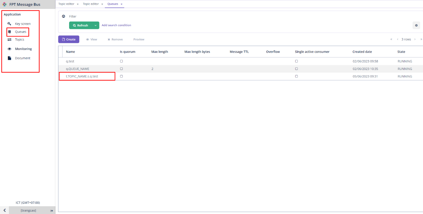 subscription を選択して Preview ボタンをクリックした queue 一覧画面