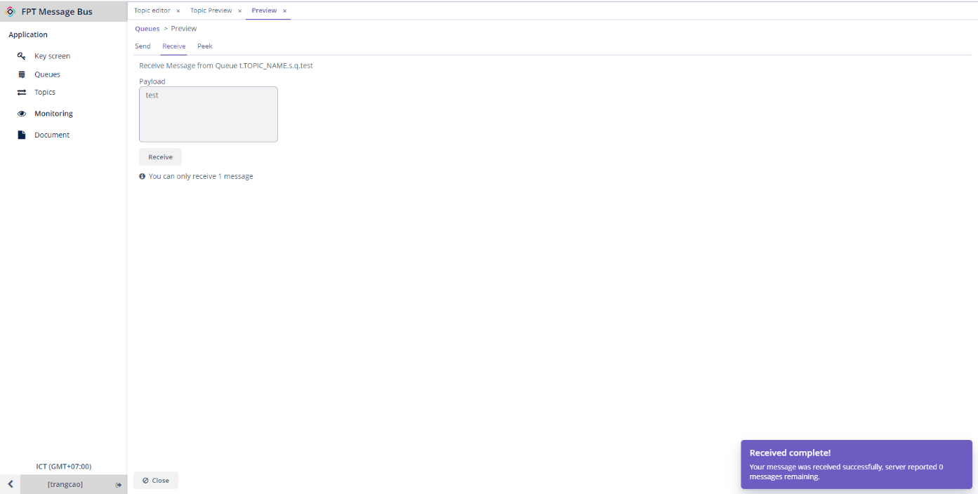 subscription からメッセージを取得する Receive ボタンを含む Receive タブ