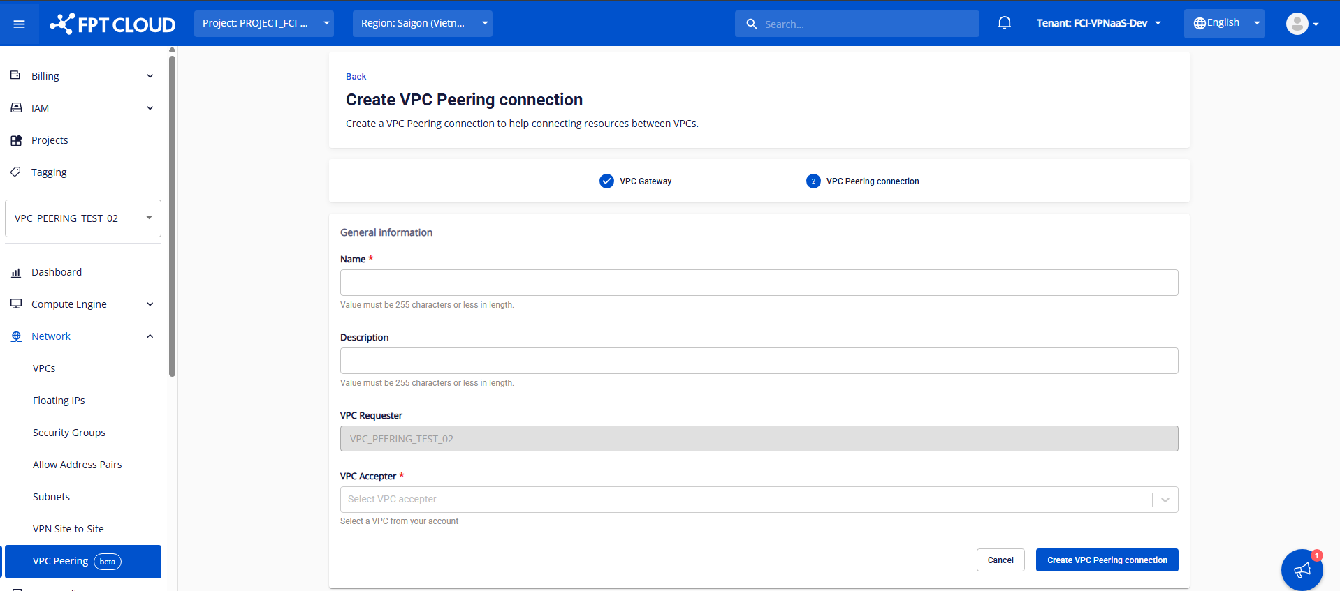 Form tạo VPC Peering Connection