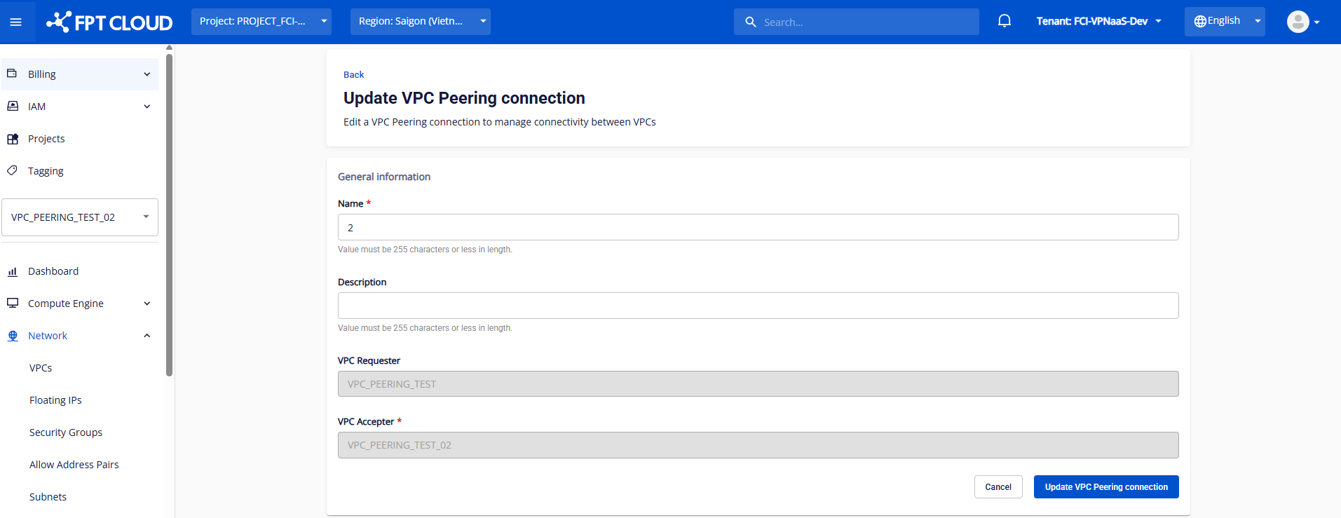 Form chỉnh sửa Peering Connection