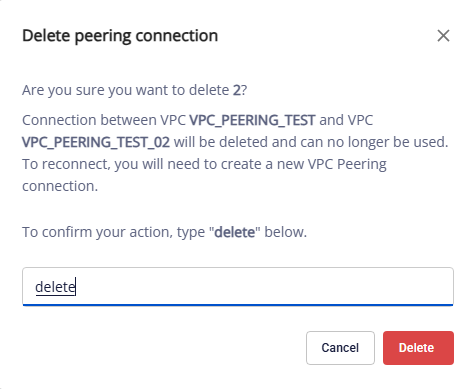 Hộp thoại xác nhận xóa Peering Connection