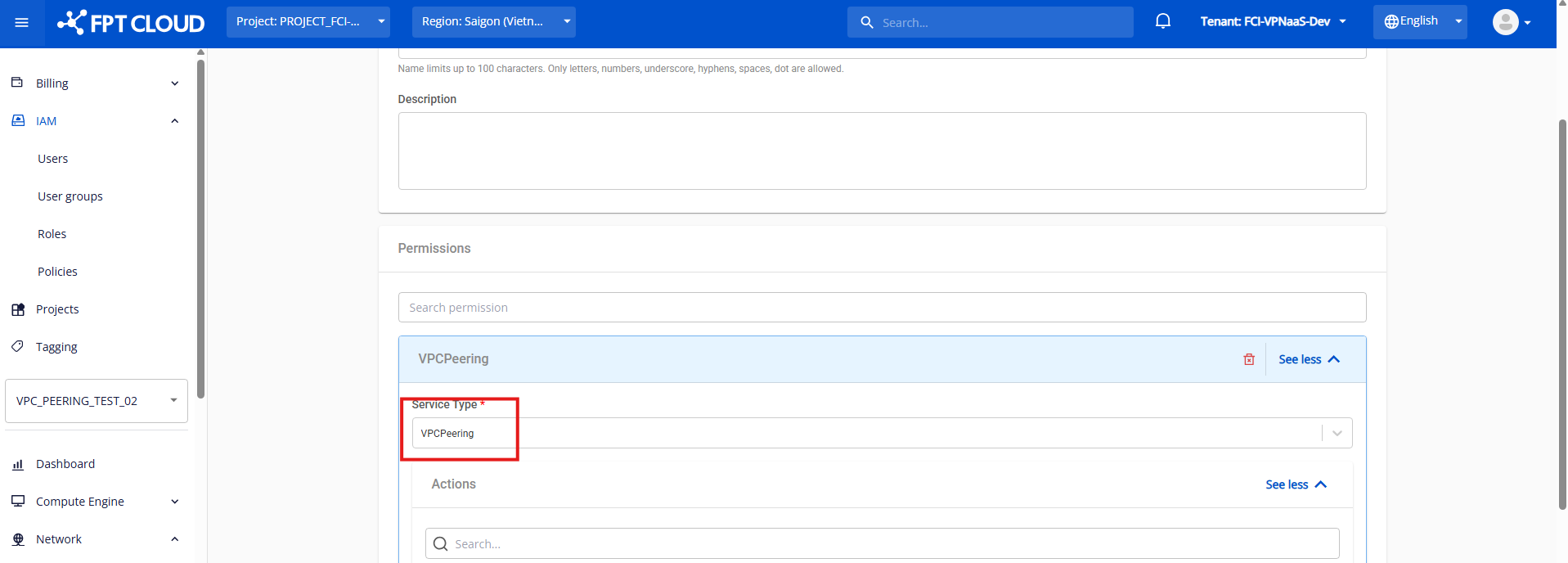 Tạo role cho VPC Peering