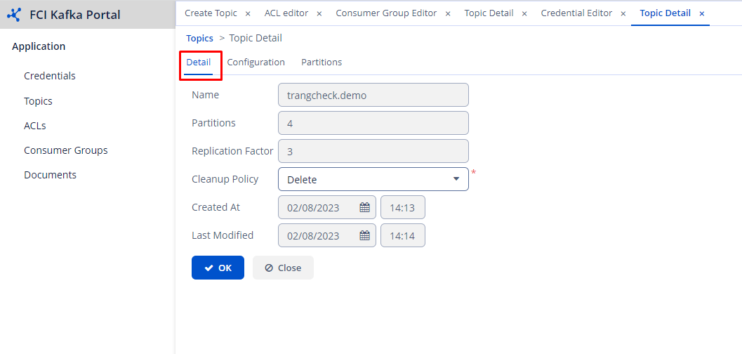 Tab Detail hiển thị thông tin cấu hình topic