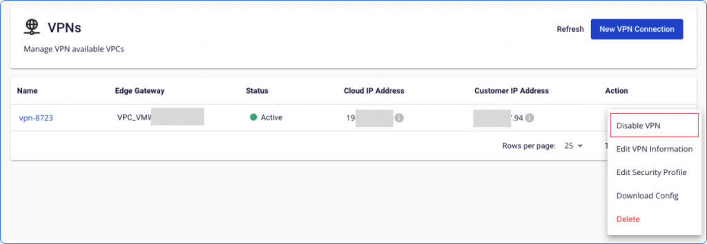 Menu Actions với tùy chọn Disable