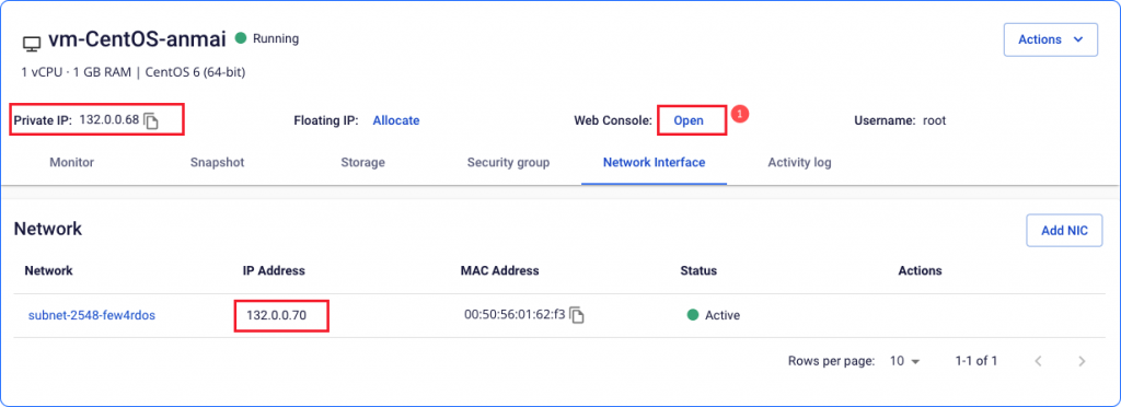 Thông tin NIC của VM CentOS trên FPT Cloud Portal