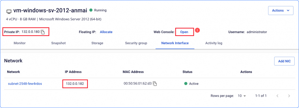 Thông tin NIC của VM Windows 2012 trên FPT Cloud Portal