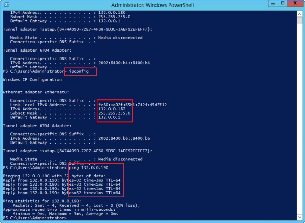 Kết quả kiểm tra IP mới và ping test trong PowerShell