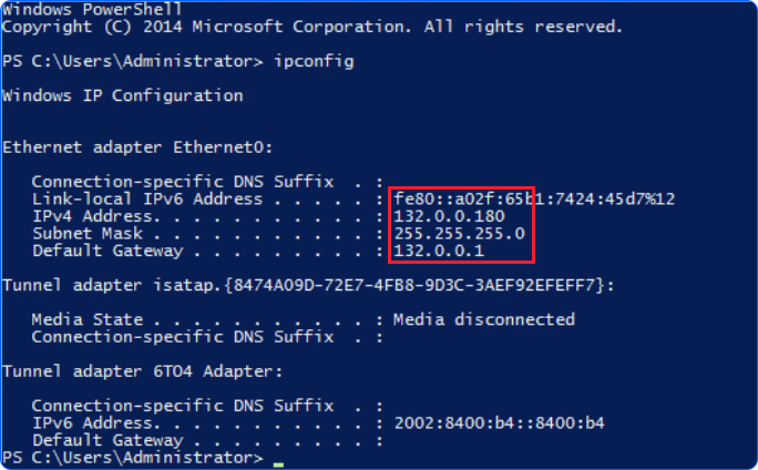 Kết quả lệnh ipconfig trong PowerShell của VM Windows