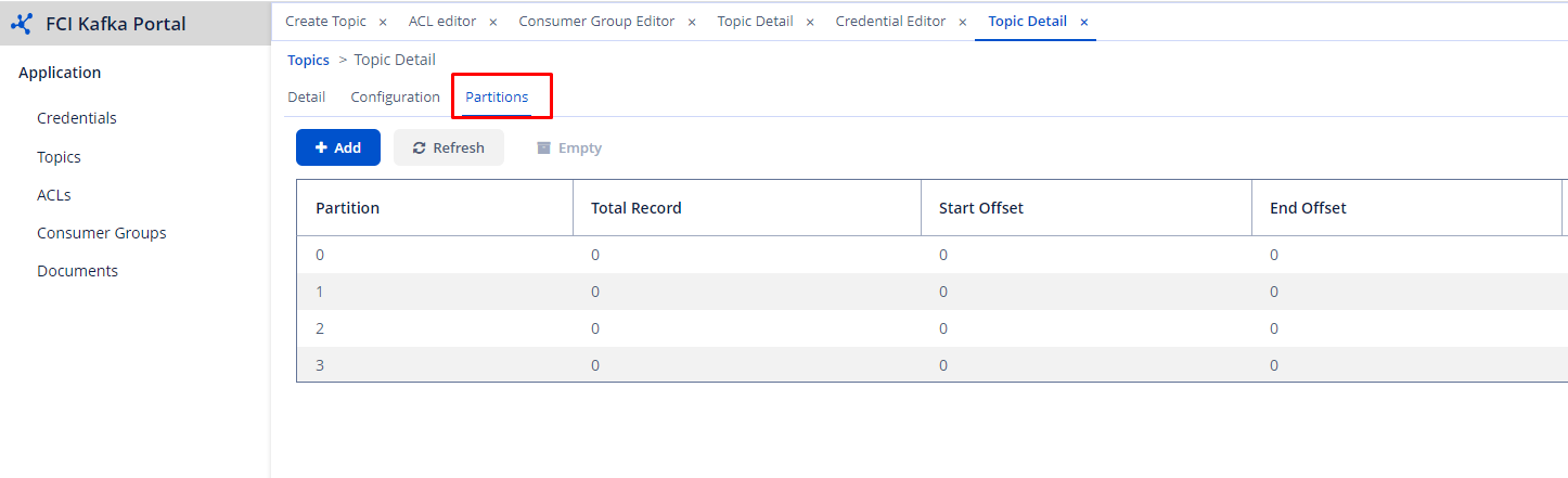 Tab Partition hiển thị thông tin offset và số record mỗi partition