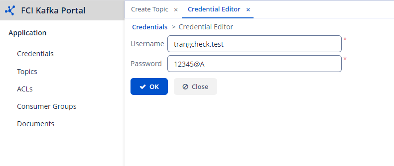 Màn hình tạo credential mới