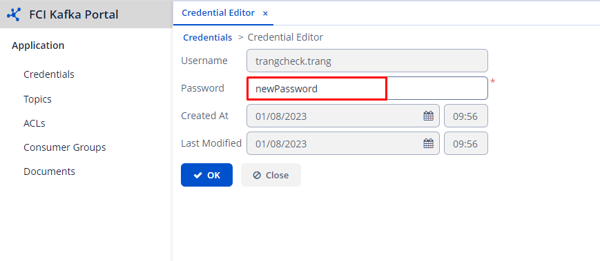 Màn hình nhập mật khẩu mới cho credential