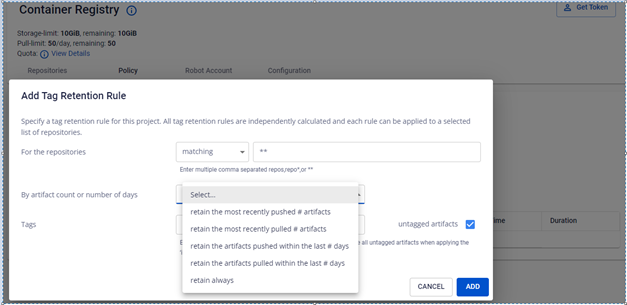 Form tạo tag retention rule