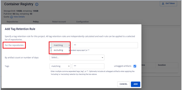 Tùy chọn matching/excluding cho repository