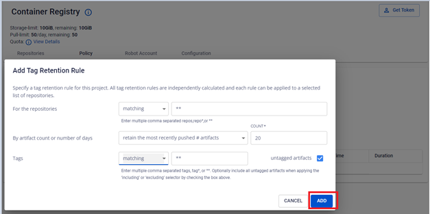 Nút Add để lưu retention rule