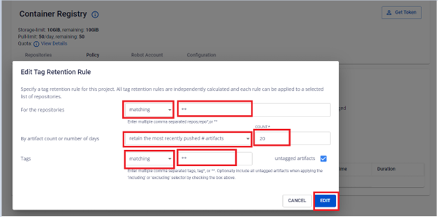 Form chỉnh sửa retention rule