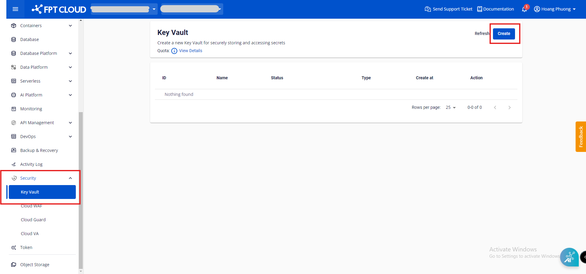 Màn hình danh sách Key Vault với nút Create