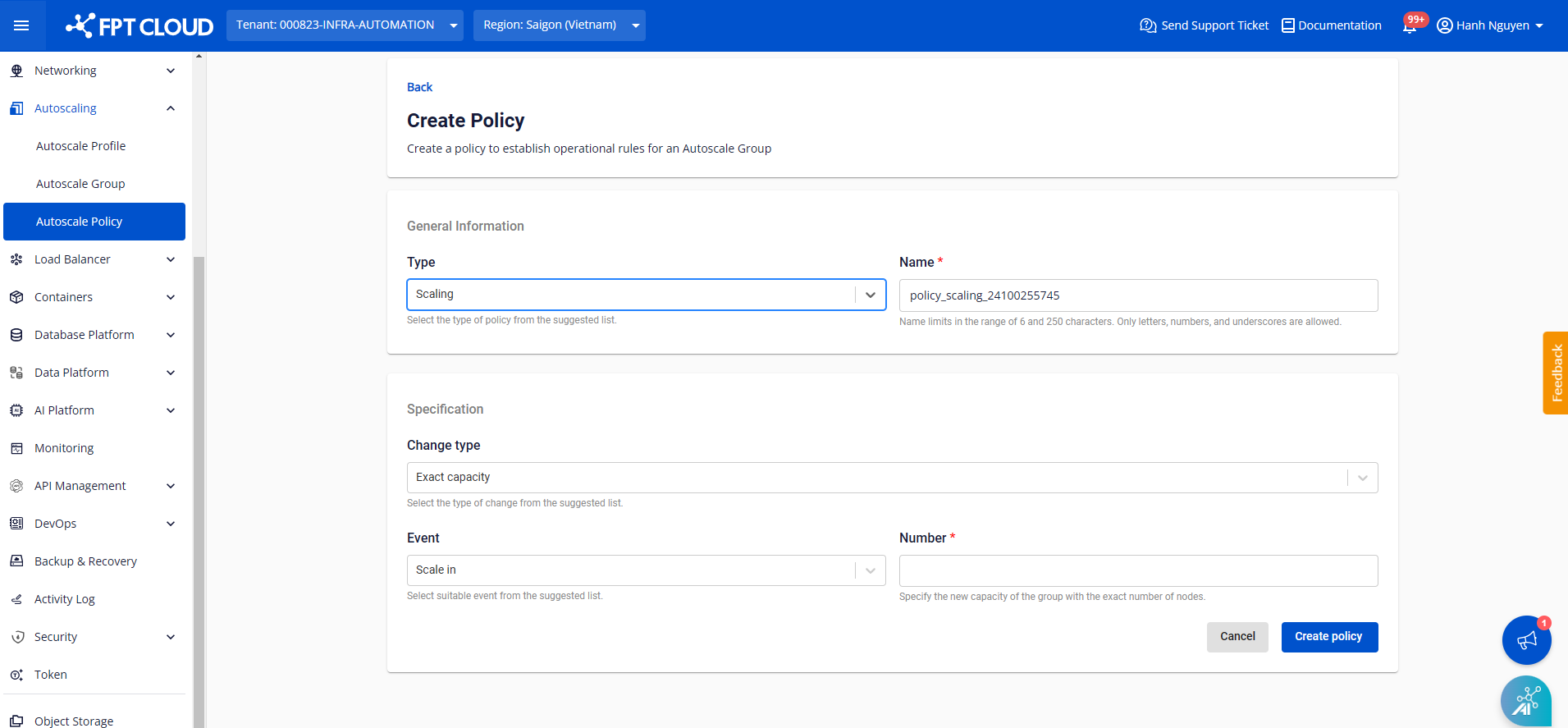 Cấu hình Scaling policy