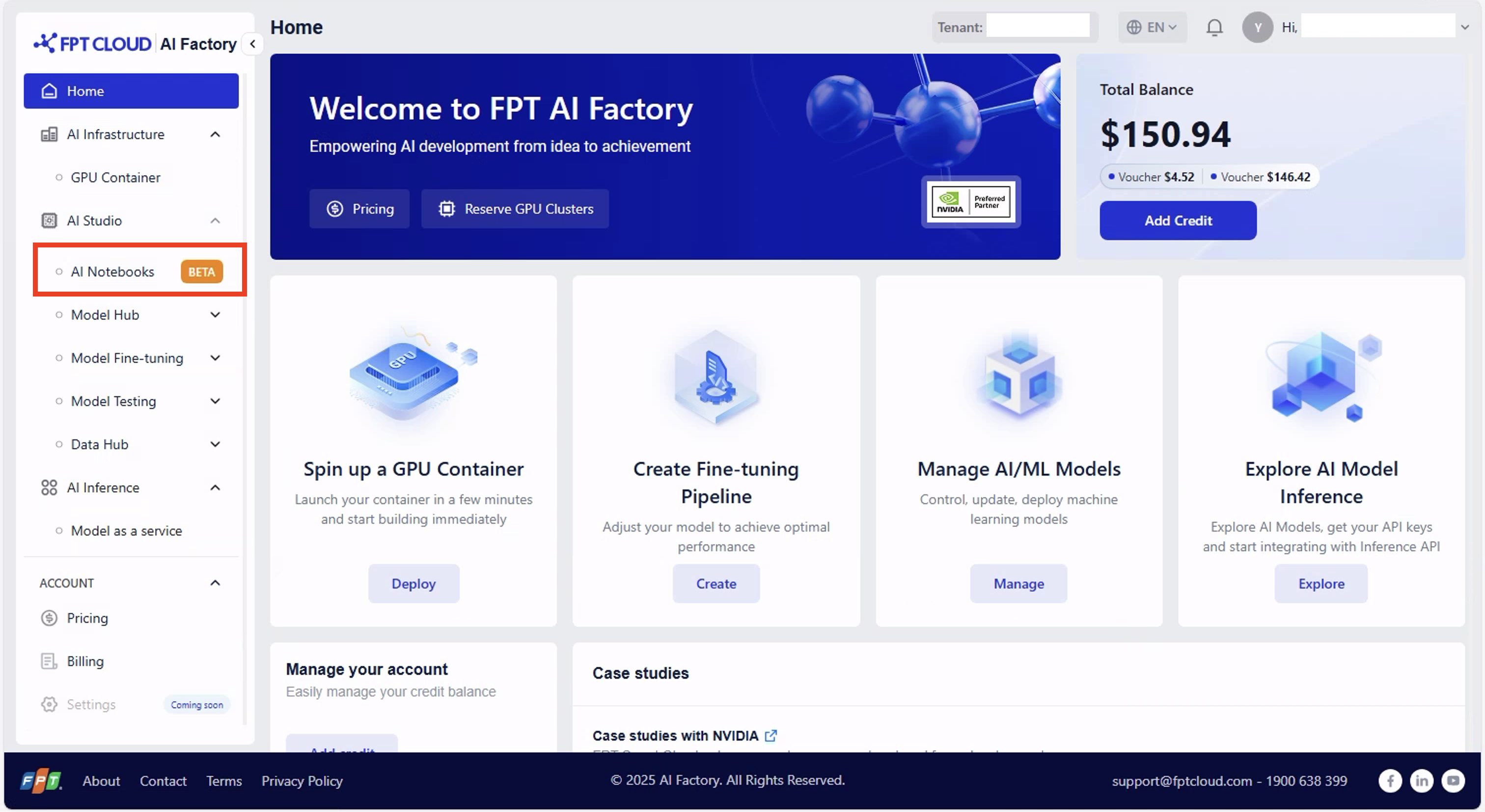 Mục AI Notebook trong thanh điều hướng bên trái của FPT AI Factory