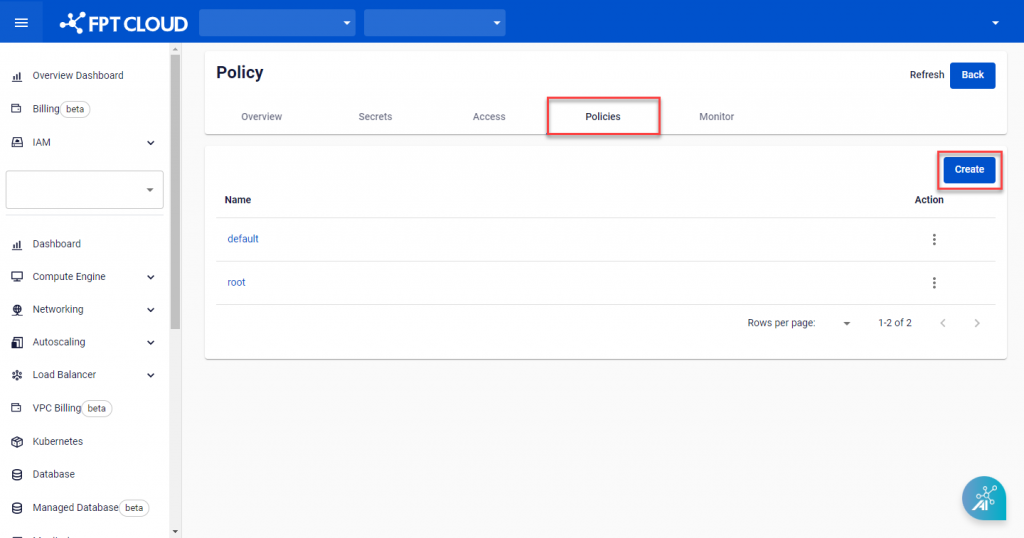 Tab Policies với nút Create