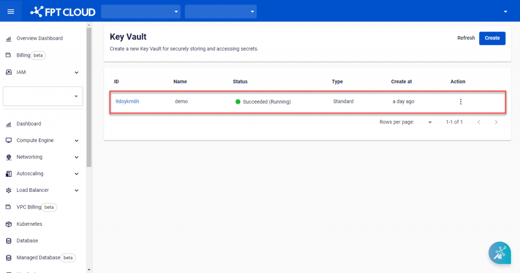 Màn hình danh sách Key Vault Management