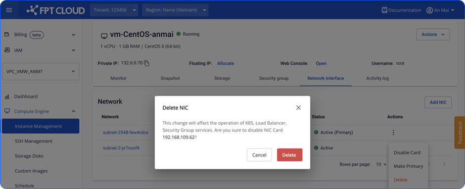 Xác nhận xóa card NIC