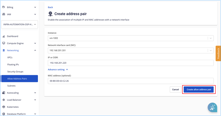 Bấm Create allow address pair