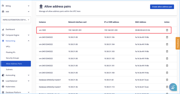 Danh sách Allow address pair sau khi tạo