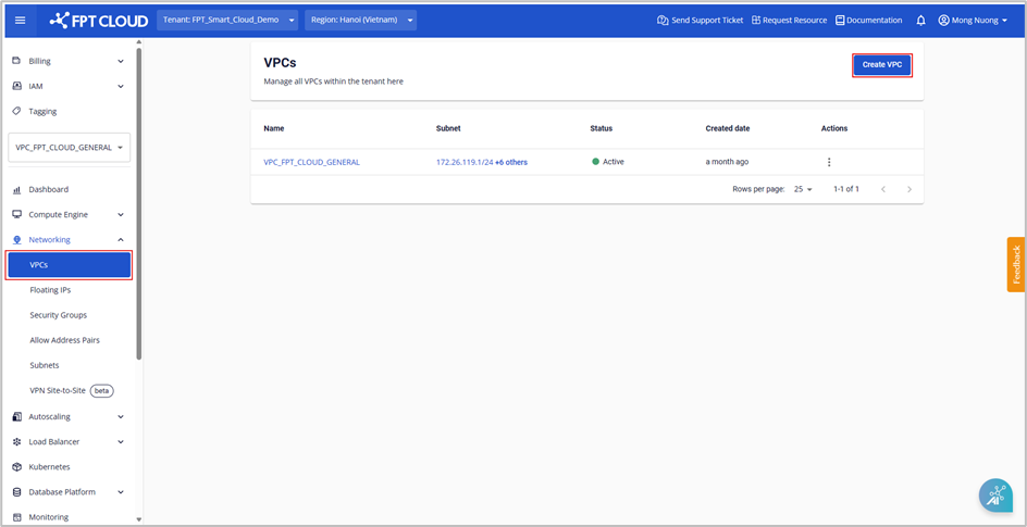 Trang danh sách VPC với nút Create VPC